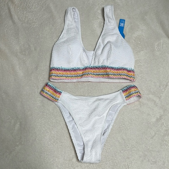 New textured Triangle Longline Bikini set in white with colorful trim Sz Medium - Picture 2 of 9